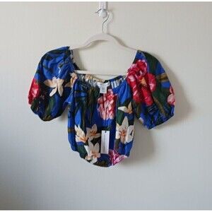 Cupcakes and Cashmere Floral Linen Blend Crop Top Puff‎ Sleeve Blue Size XS NWT